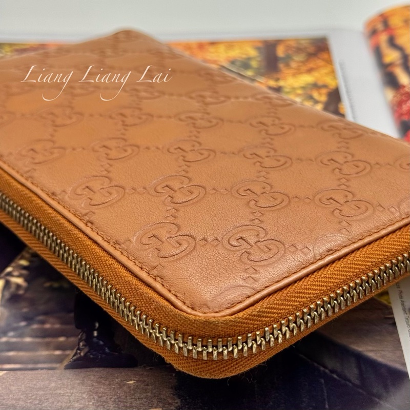 GUCCI 古馳 經典GG壓紋焦糖棕色拉鍊長夾-21