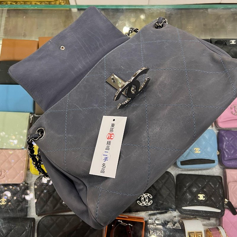 東區正精品㊣CHANEL 香奈兒灰藍色牛皮銀鍊大菱格掀雙C翻蓋肩背包 RZ4949-1
