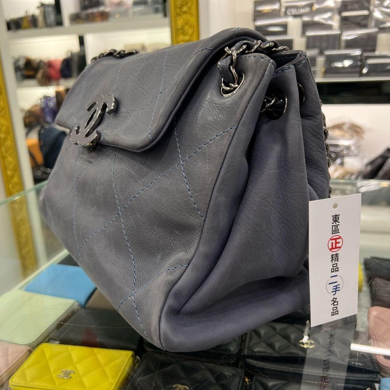 東區正精品㊣CHANEL 香奈兒灰藍色牛皮銀鍊大菱格掀雙C翻蓋肩背包 RZ4949-4