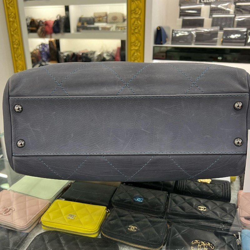 東區正精品㊣CHANEL 香奈兒灰藍色牛皮銀鍊大菱格掀雙C翻蓋肩背包 RZ4949-5