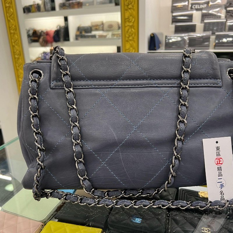 東區正精品㊣CHANEL 香奈兒灰藍色牛皮銀鍊大菱格掀雙C翻蓋肩背包 RZ4949-6