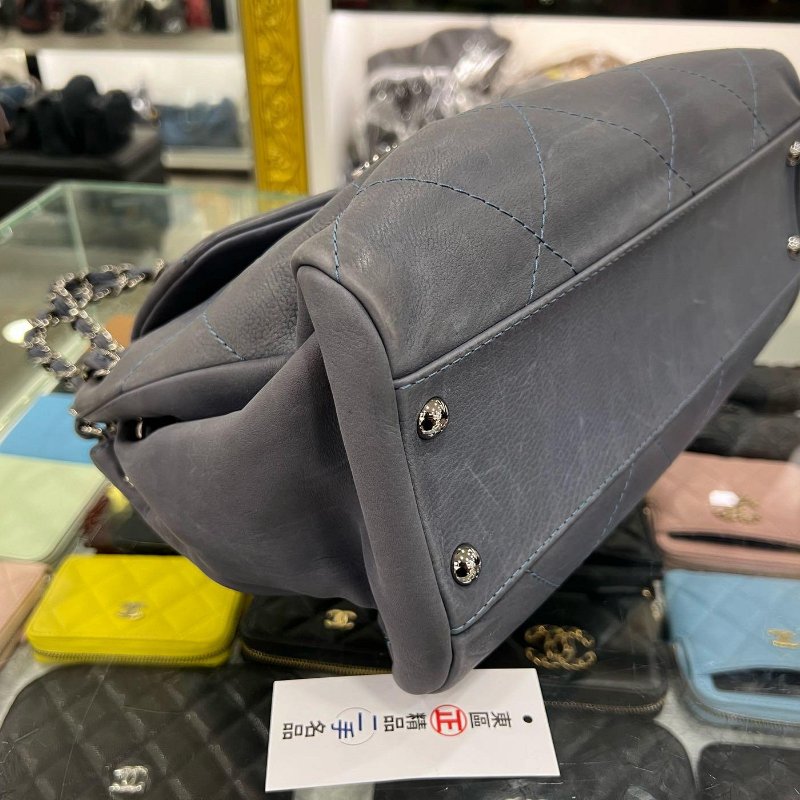 東區正精品㊣CHANEL 香奈兒灰藍色牛皮銀鍊大菱格掀雙C翻蓋肩背包 RZ4949-8