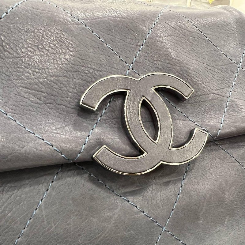 東區正精品㊣CHANEL 香奈兒灰藍色牛皮銀鍊大菱格掀雙C翻蓋肩背包 RZ4949-9