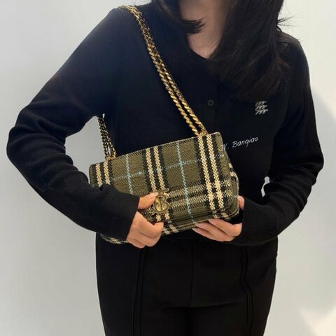 JS1274-Burberry包包 橄欖綠毛呢格紋 Mini Lola 下蓋斜背包