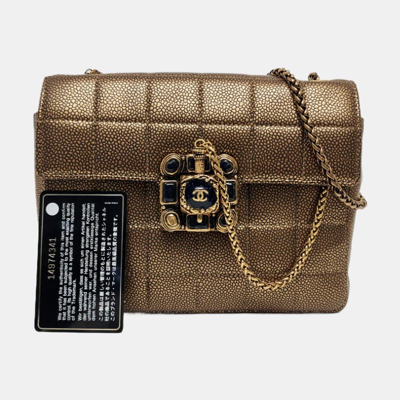 CHANEL金色牛皮絎縫單肩包金色五金14開-7