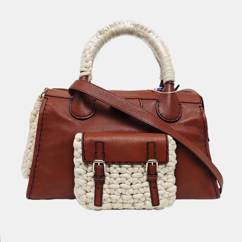 Chloe磚紅色牛皮編織單肩包金色五金可拆卸肩帶-7