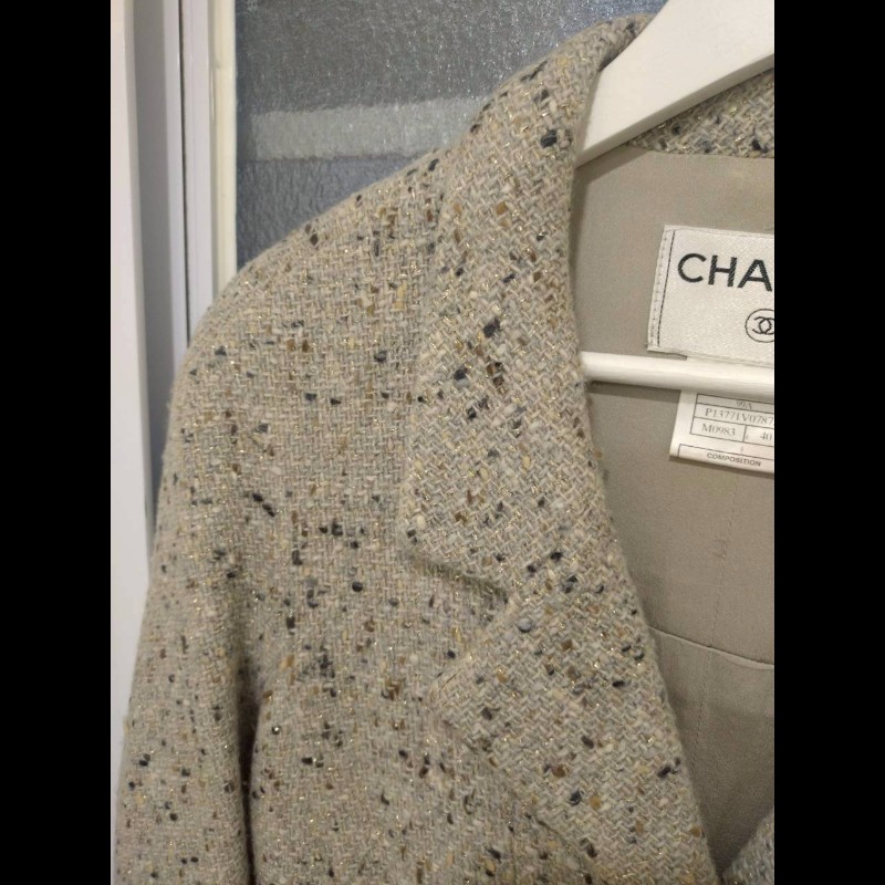 Chanel 灰色毛呢編金蔥外套-1