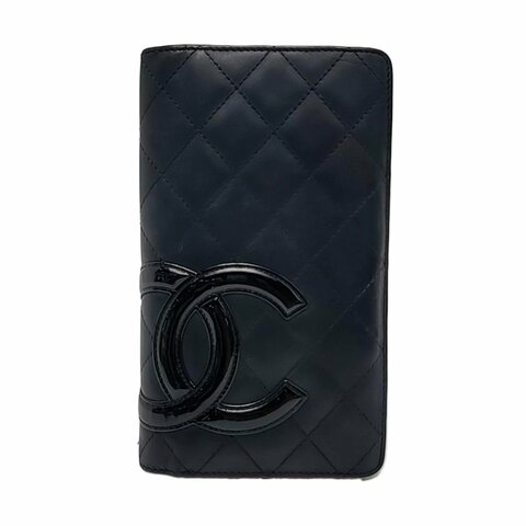 CHANEL CAMBON黑色牛皮菱格紋絎縫錢包銀色五金17開