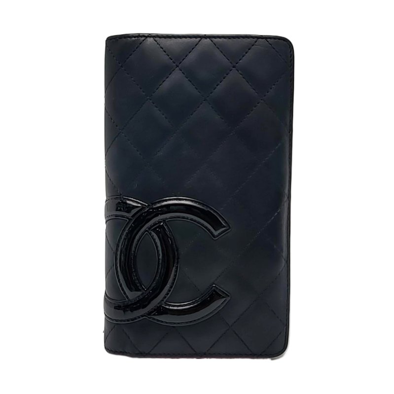 CHANEL CAMBON黑色牛皮菱格紋絎縫錢包銀色五金17開-0