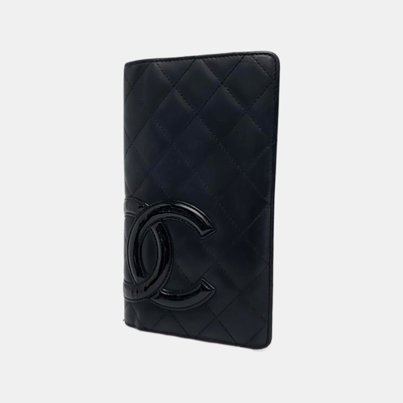 CHANEL CAMBON黑色牛皮菱格紋絎縫錢包銀色五金17開-2