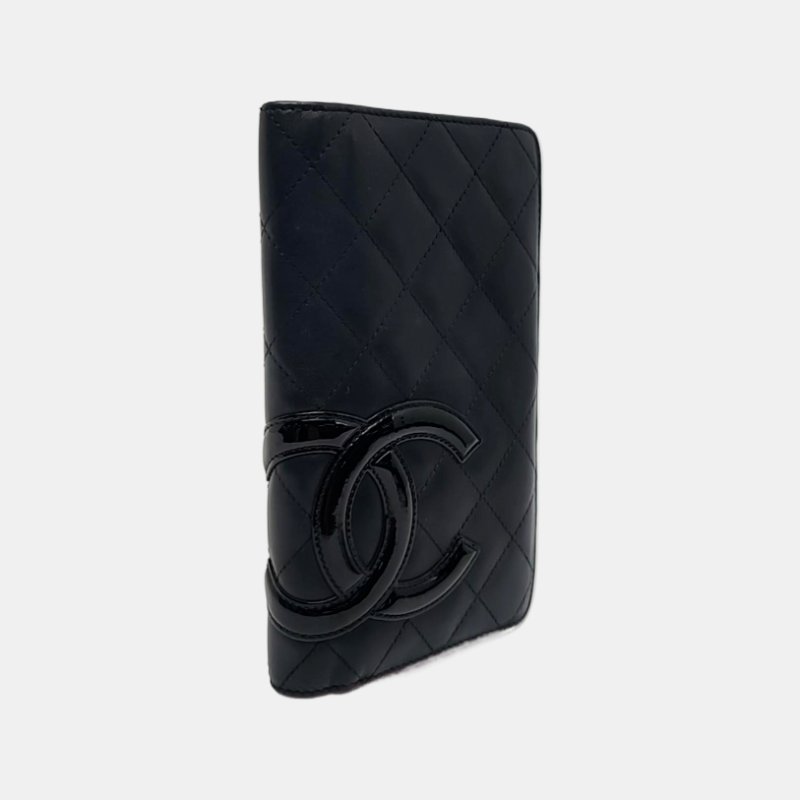 CHANEL CAMBON黑色牛皮菱格紋絎縫錢包銀色五金17開-3