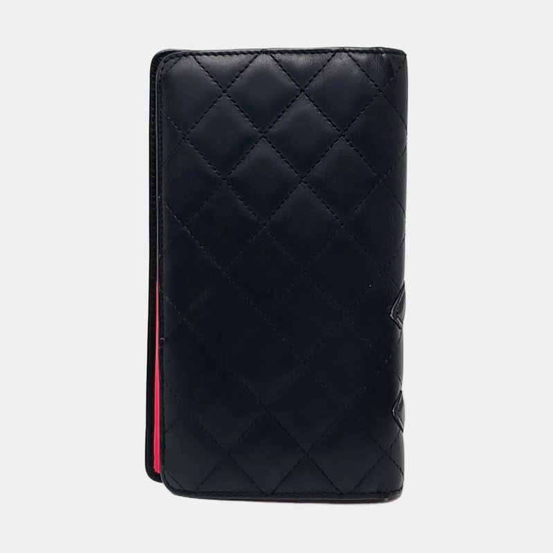 CHANEL CAMBON黑色牛皮菱格紋絎縫錢包銀色五金17開-4