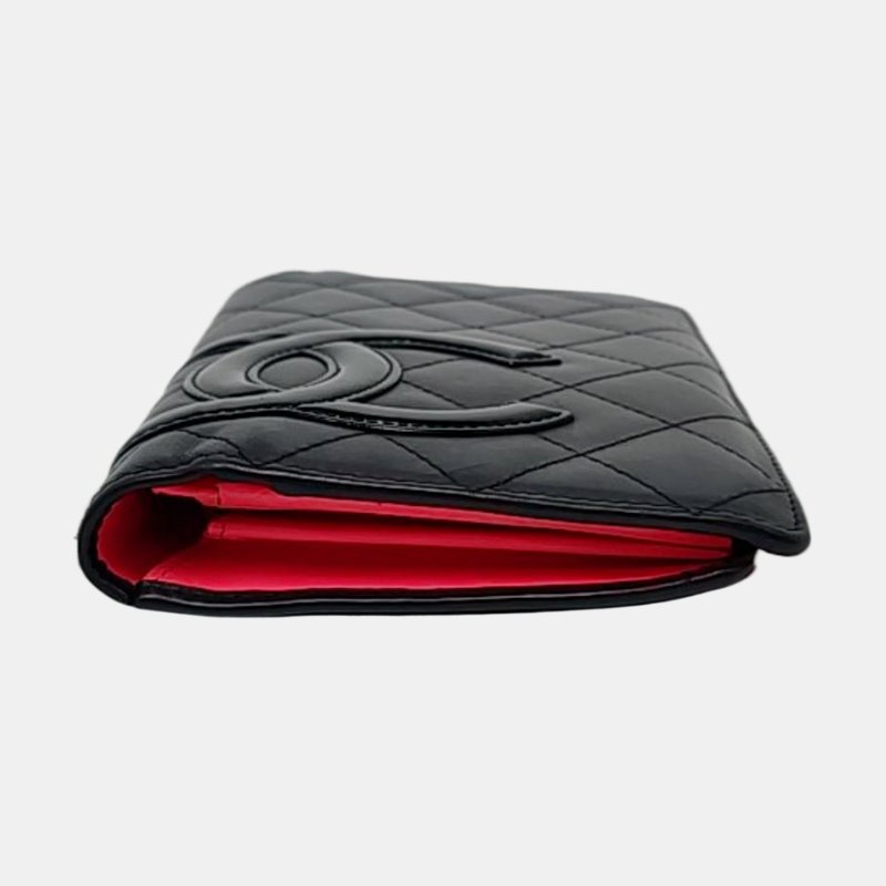 CHANEL CAMBON黑色牛皮菱格紋絎縫錢包銀色五金17開-5