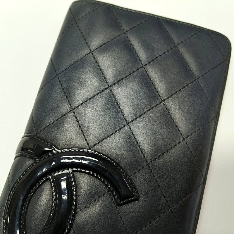 CHANEL CAMBON黑色牛皮菱格紋絎縫錢包銀色五金17開-7