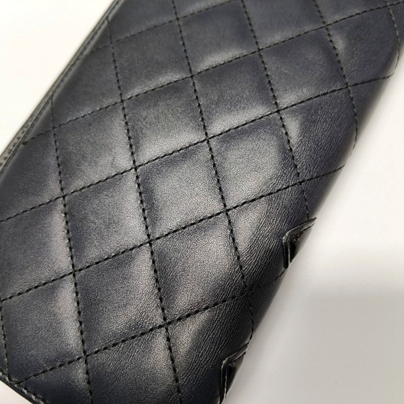 CHANEL CAMBON黑色牛皮菱格紋絎縫錢包銀色五金17開-8
