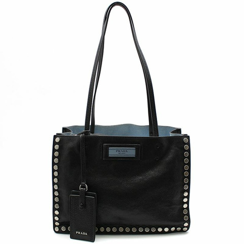 【包稅】PRADA 1BG121 黑色小牛皮禮儀銀色鉚釘肩包