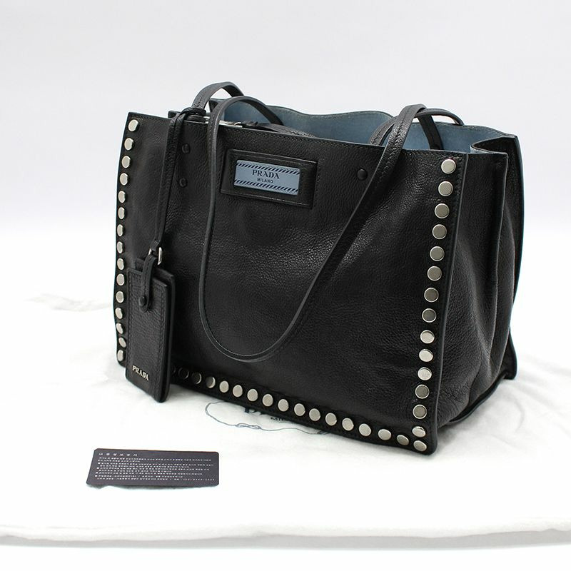 【包稅】PRADA 1BG121 黑色小牛皮禮儀銀色鉚釘肩包-1