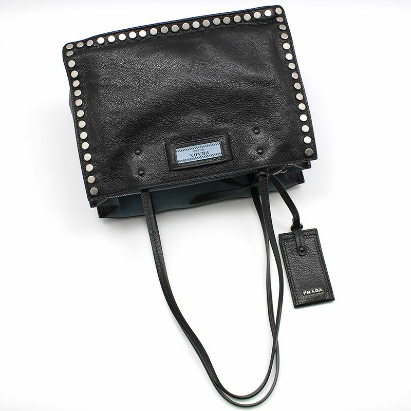 【包稅】PRADA 1BG121 黑色小牛皮禮儀銀色鉚釘肩包-2