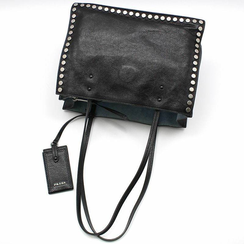 【包稅】PRADA 1BG121 黑色小牛皮禮儀銀色鉚釘肩包-3