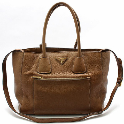 【包稅】PRADA 棕色 Vitello Daino 金色標誌單肩包