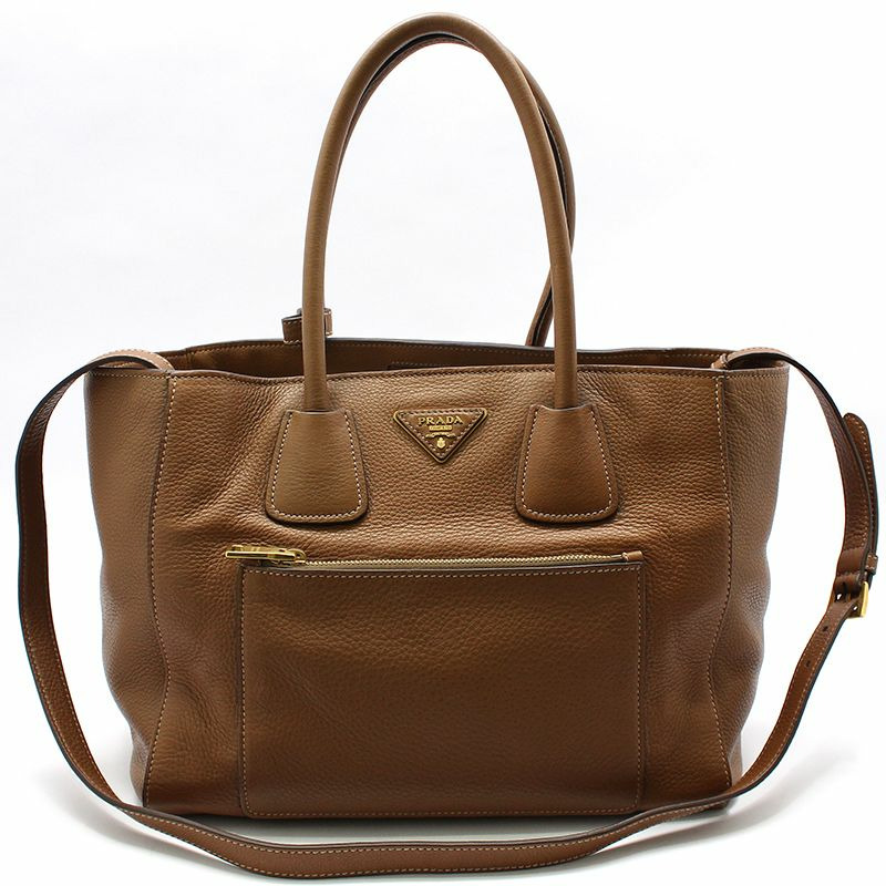 【包稅】PRADA 棕色 Vitello Daino 金色標誌單肩包-0