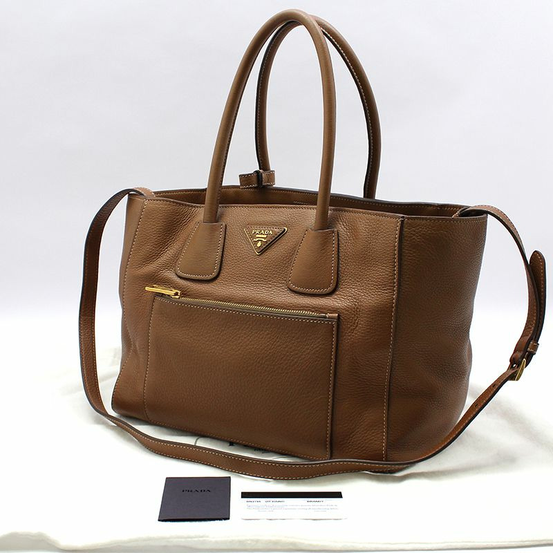 【包稅】PRADA 棕色 Vitello Daino 金色標誌單肩包-1