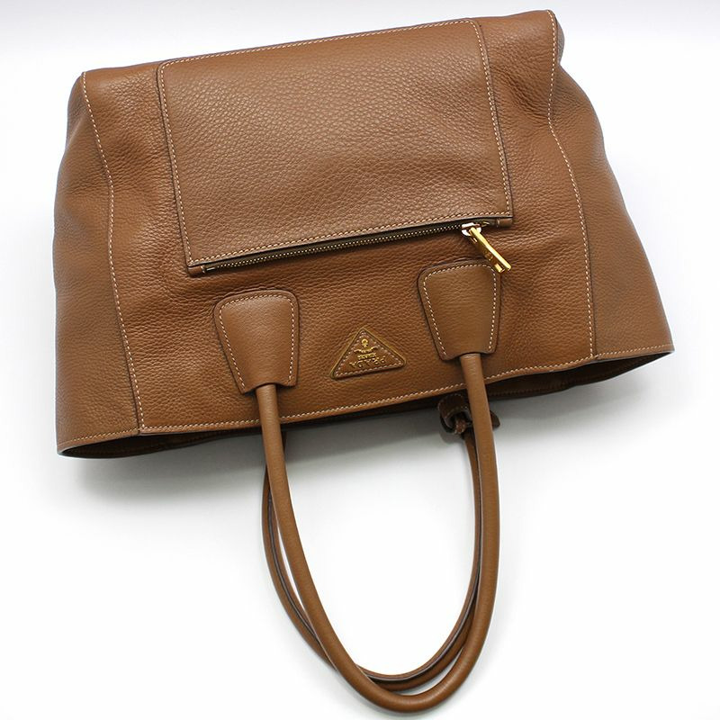 【包稅】PRADA 棕色 Vitello Daino 金色標誌單肩包-2