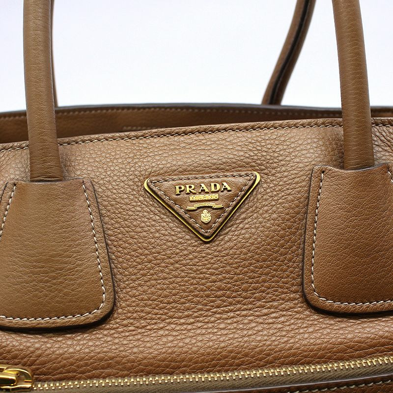 【包稅】PRADA 棕色 Vitello Daino 金色標誌單肩包-5