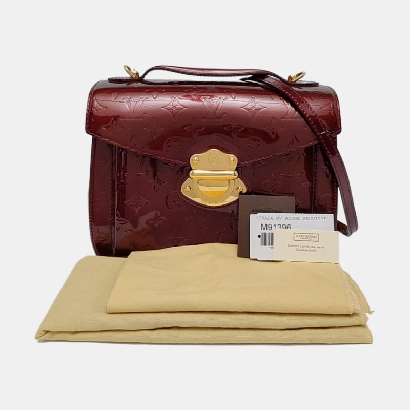 LOUIS VUITTON MIRADA酒紅色漆皮壓紋單肩包手提包斜挎包金色五金可拆卸肩帶-7