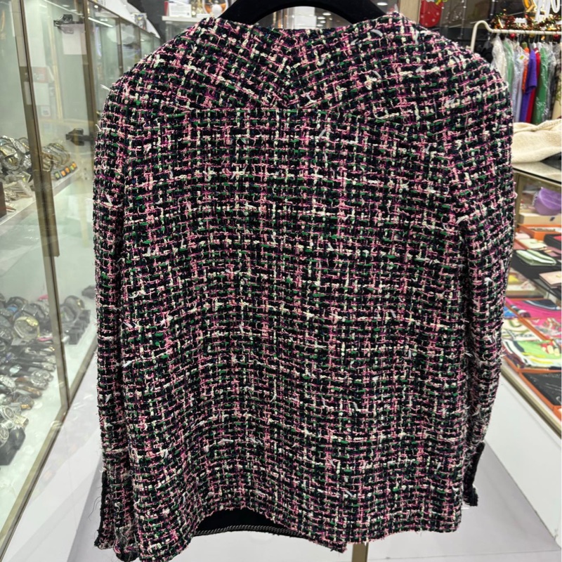 Chanel香奈兒 19P春夏經典粉紅綠混色花呢編織外套 圓領雙口袋 36碼 扣包-1