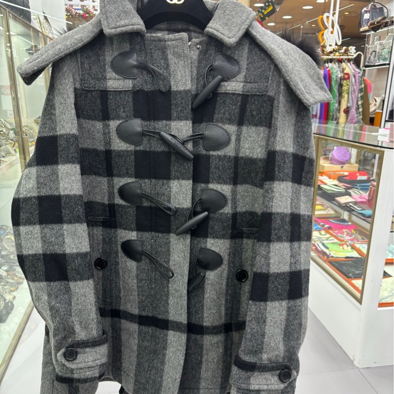 BURBERRY灰黑色格子羊毛大衣外套4碼 附防塵袋 衣長78胸圍100肩寬38肩寬60-0
