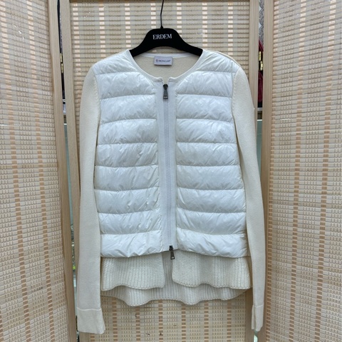 Moncler女款荷葉邊下擺羽絨拼接毛衣開襟外套拉鍊衫 XS