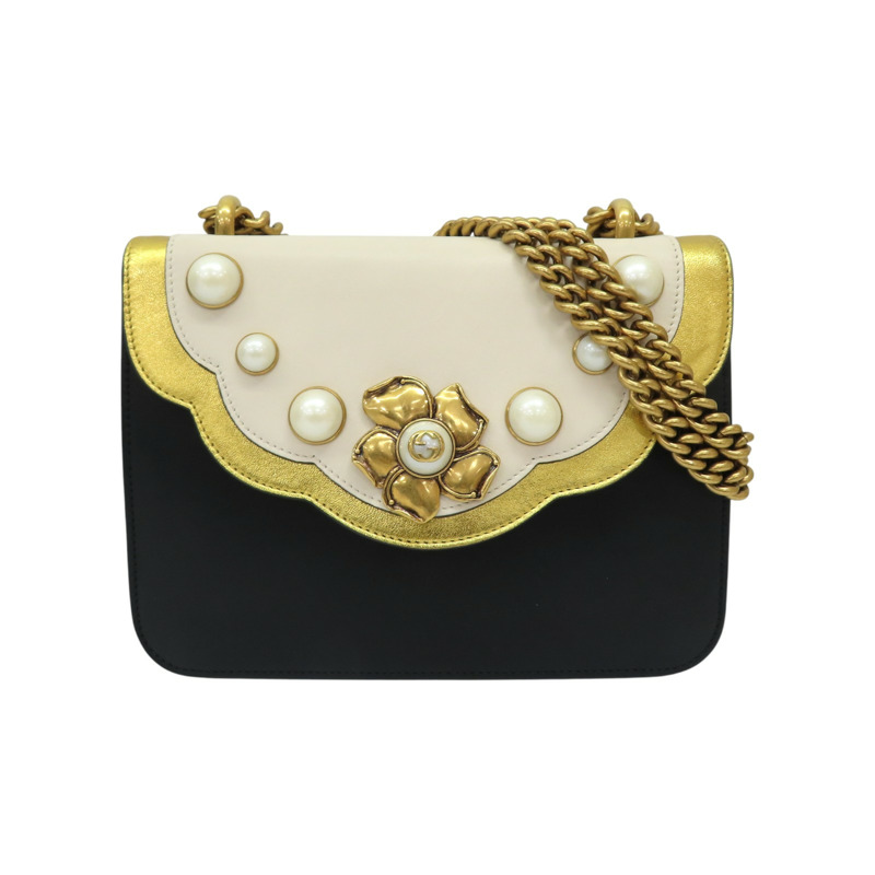 白/金/黑色 牛皮 Psdlock studded 肩背包 432282【GUCCI 古馳】 432282-0