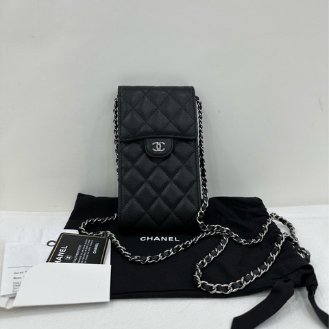 Chanel香奈兒CF手機包黑銀荔枝紋牛皮 好成色 女士單肩斜挎鏈條包 附件卡31開 有購證