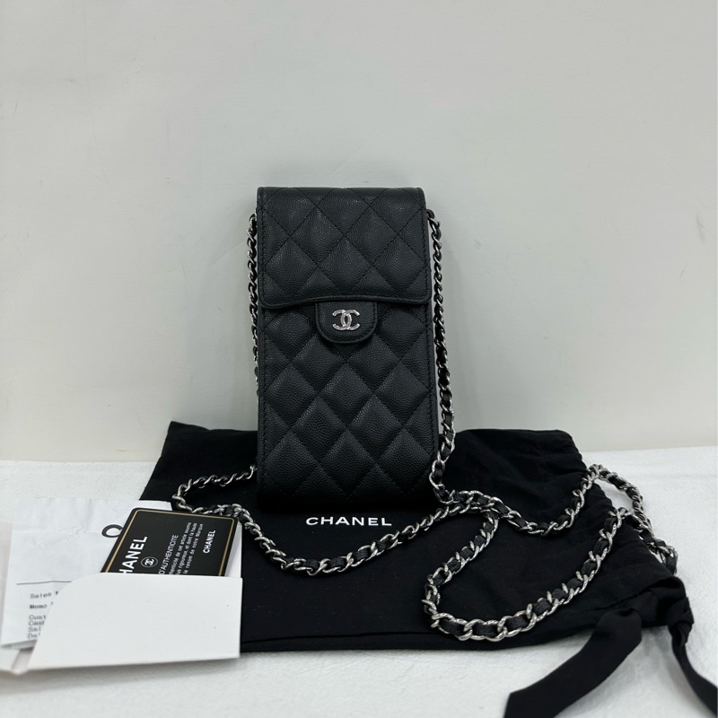 Chanel香奈兒CF手機包黑銀荔枝紋牛皮 好成色 女士單肩斜挎鏈條包 附件卡31開 有購證-0