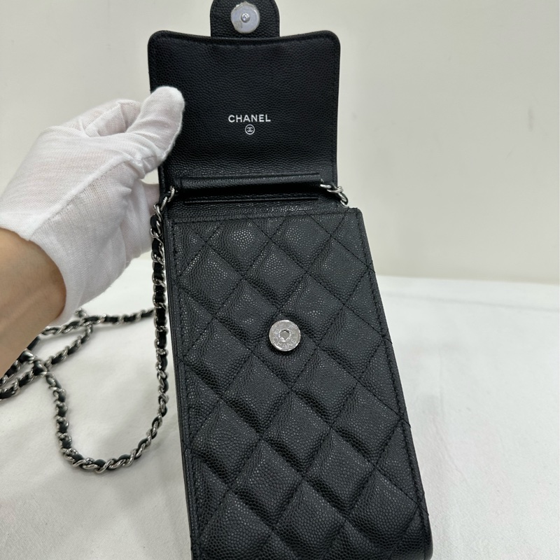 Chanel香奈兒CF手機包黑銀荔枝紋牛皮 好成色 女士單肩斜挎鏈條包 附件卡31開 有購證-6