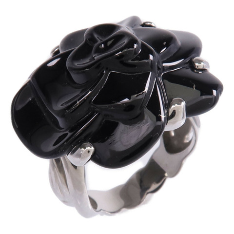 CHANEL 18K白金/縞瑪瑙Camellia Ring戒指US#5.75