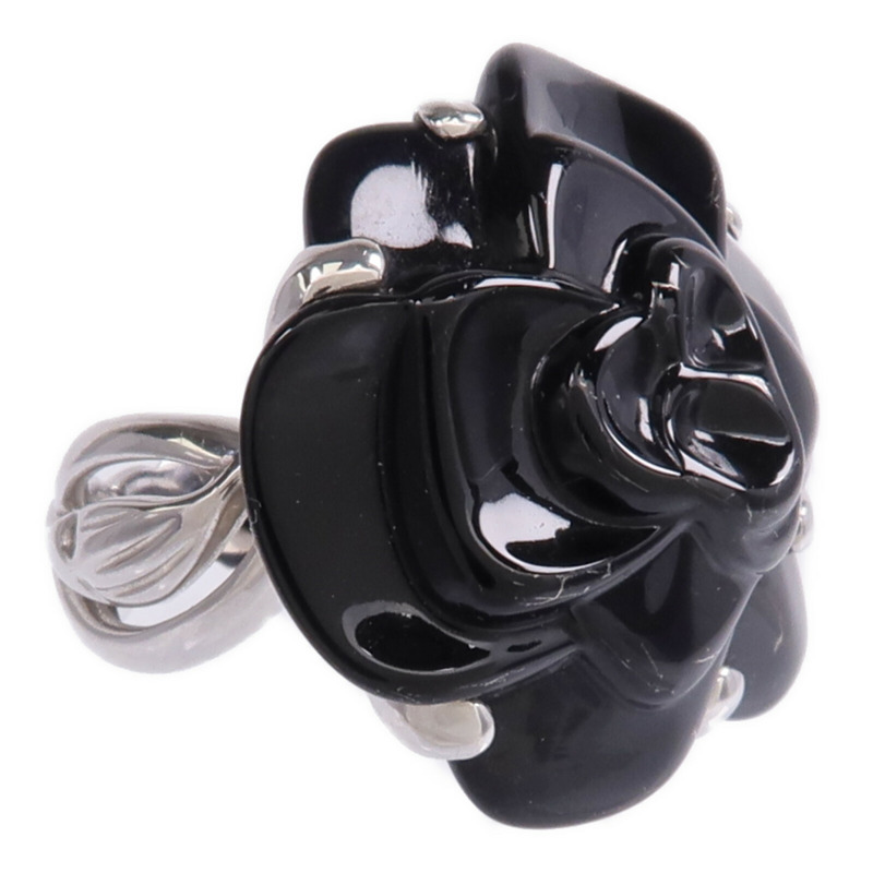 CHANEL 18K白金/縞瑪瑙Camellia Ring戒指US#5.75-3