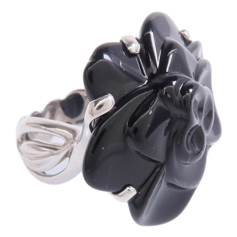 CHANEL 18K白金/縞瑪瑙Camellia Ring戒指US#5.75-8