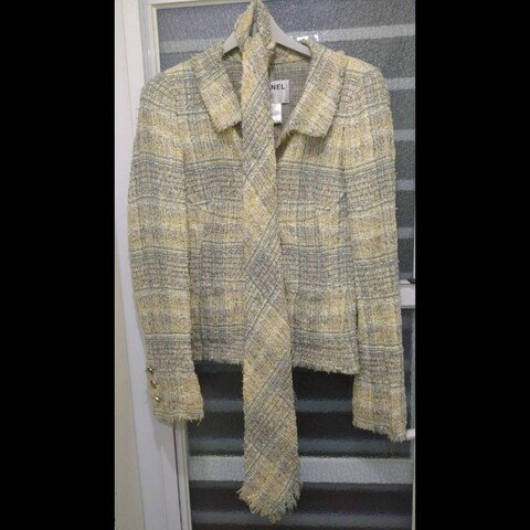 Chanel 黃藍綠毛呢格外套（附領帶）