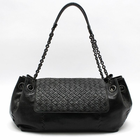 【包稅】BOTTEGA VENETA 黑色皮革蟒蛇紋網眼鏈條單肩包