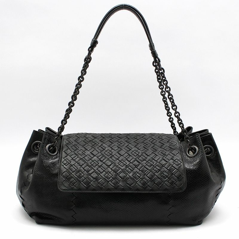 【包稅】BOTTEGA VENETA 黑色皮革蟒蛇紋網眼鏈條單肩包-0