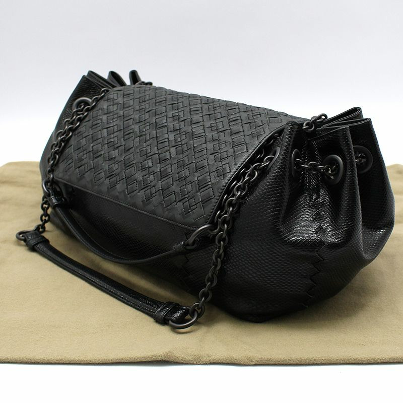 【包稅】BOTTEGA VENETA 黑色皮革蟒蛇紋網眼鏈條單肩包-1