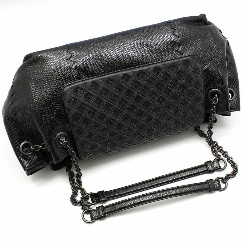 【包稅】BOTTEGA VENETA 黑色皮革蟒蛇紋網眼鏈條單肩包-2