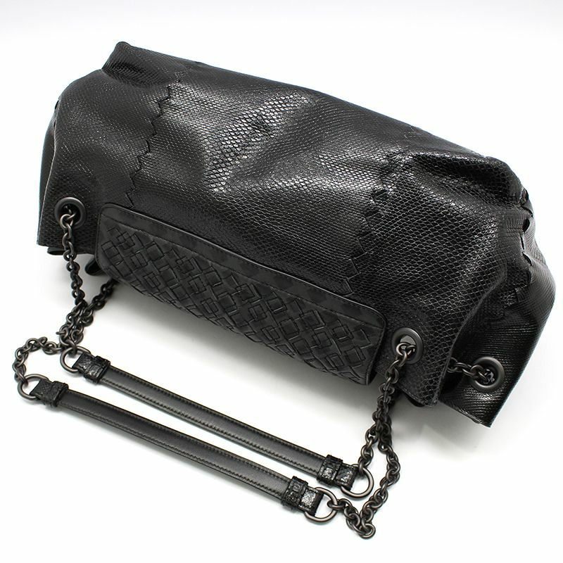【包稅】BOTTEGA VENETA 黑色皮革蟒蛇紋網眼鏈條單肩包-3