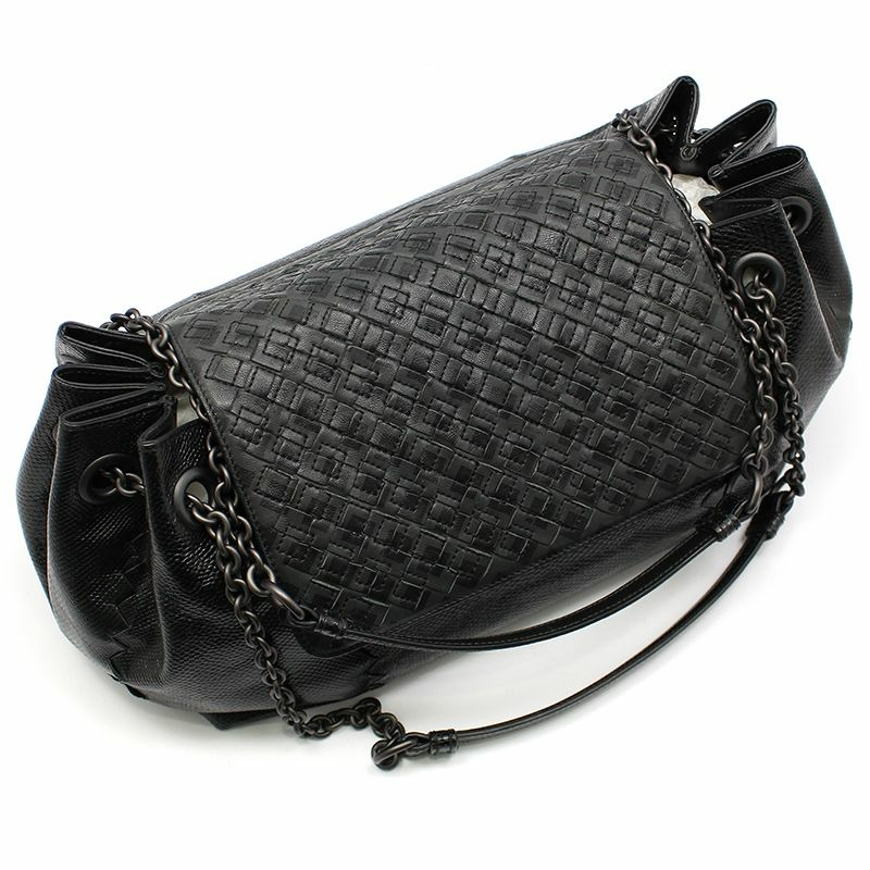 【包稅】BOTTEGA VENETA 黑色皮革蟒蛇紋網眼鏈條單肩包-5