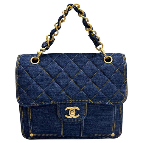 藍色 荔枝紋 牛仔布 Back pack 2way 後背包 金扣 【CHANEL 香奈兒】 AS4031