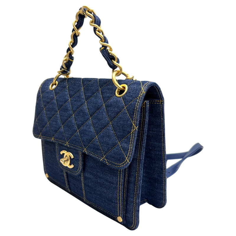 藍色 荔枝紋 牛仔布 Back pack 2way 後背包 金扣 【CHANEL 香奈兒】 AS4031-1