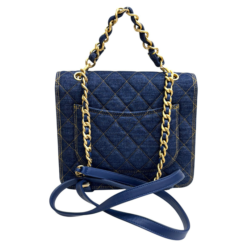 藍色 荔枝紋 牛仔布 Back pack 2way 後背包 金扣 【CHANEL 香奈兒】 AS4031-2