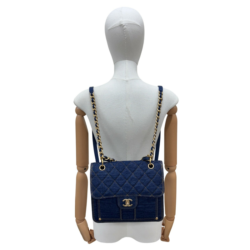 藍色 荔枝紋 牛仔布 Back pack 2way 後背包 金扣 【CHANEL 香奈兒】 AS4031-11